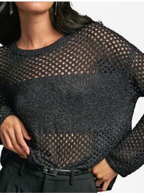 0085 Pilcro Black Shimmery Open-Knit Crewneck Sweater